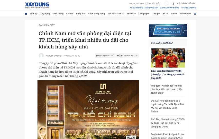 Báo Xây dựng | Chính Nam khai trương văn phòng đại diện tại TP.HCM, triển khai nhiều ưu đãi cho khách hàng xây nhà